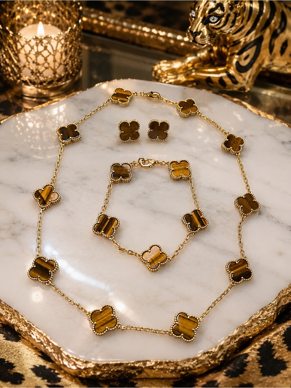 Tigers Eye 10 Station Necklace + 5 Motif Bracelet + Stud Earrings Set